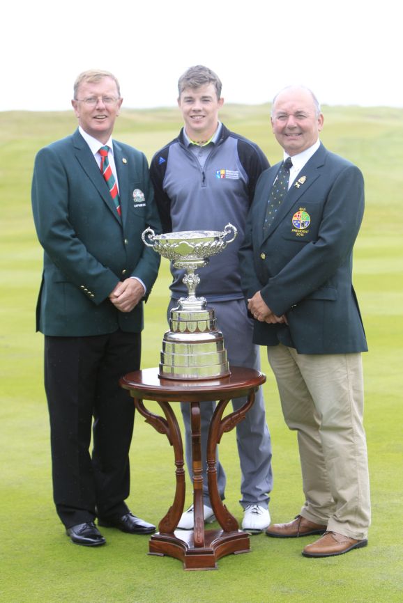 Dan O' Donovan, Captain of Lahnch Golf Club), Stuart Grehan (Tullamore) and Michael Connaughton (GUI President) before the final round of the South of Ireland Amateur Open Championship, 26th July 2015. Picture: Golffile | TJ Caffrey