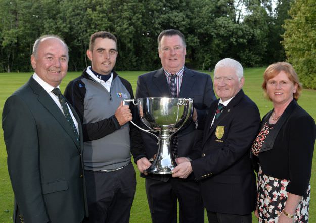 Michael Duffy (Captain, Mulingar Golf Club) presenting the 2015 Mullingar Electrical Scratch trophy to Alan Lowry (Esker Hills) after his victory at Mullingar Golf Club ( 03/08/2015). Also in the picture are Michael Connaughton (President, GUI), Peadar Conlon (sponsor) and Ann Marie Conlon (sponsor). Picture by Pat Cashman