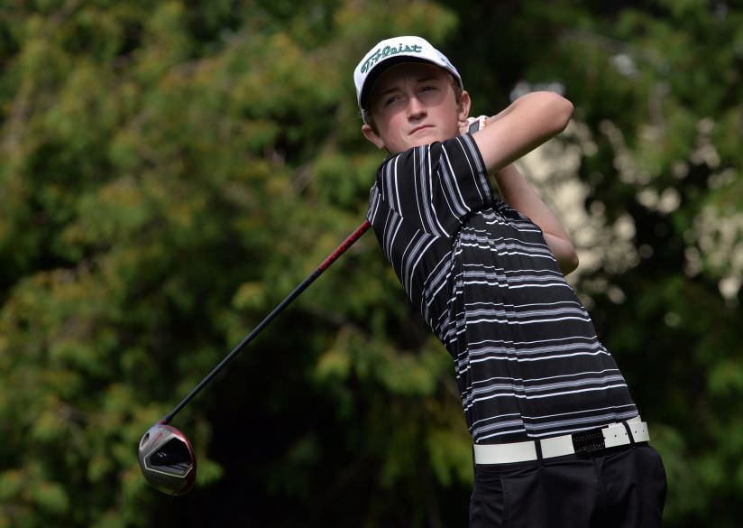 Mark Duggan (Highfield) driving at the 16th hole during the 2015 Leinster Boys' Under 13 series Final (sponsored by Titleist) at the Castle Golf Club today (06/08/2015). Picture by Pat Cashman
