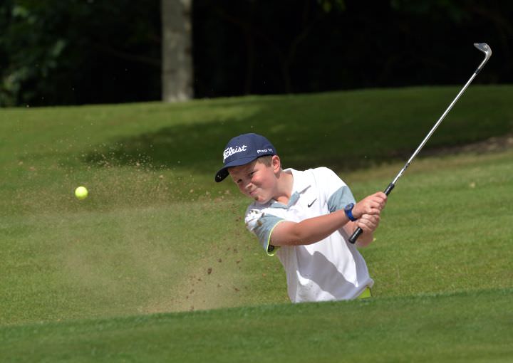 Joseph Byrne (Baltinglass) bunkered at the 15th hole during the 2015 Leinster Boys' Under 13 series Final (sponsored by Titleist) at the Castle Golf Club (06/08/2015). Picture by Pat Cashman