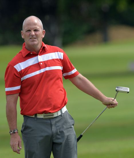Winner Alan Condren (Greystones) reacts to a missed putt on the 4th green in the final round of the 2015 Leinster Mid Amateur Open Championship at the Grange Golf Club today (08/08/2015). Picture by Pat Cashman