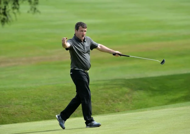 Peter Kane (Ashbourne) reacts to a birdie putt on the 6th green in the final round of the 2015 Leinster Mid Amateur Open Championship at Grange. Picture by Pat Cashman