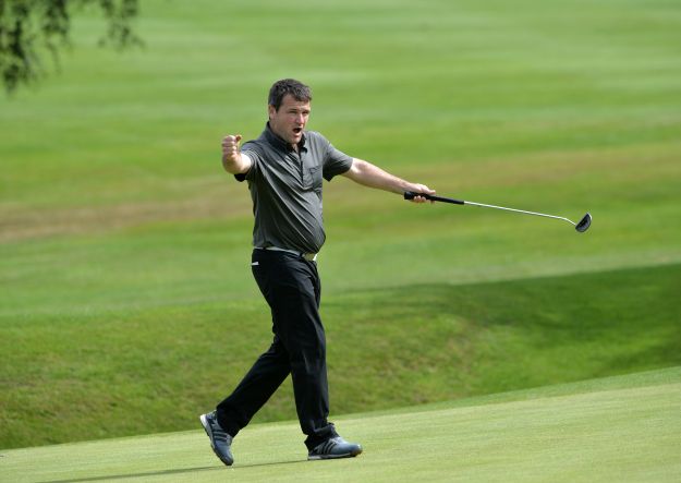 Peter Kane (Ashbourne) reacts to a birdie putt on the 6th green in the final round of the 2015 Leinster Mid Amateur Open Championship at Grange. Picture by Pat Cashman
