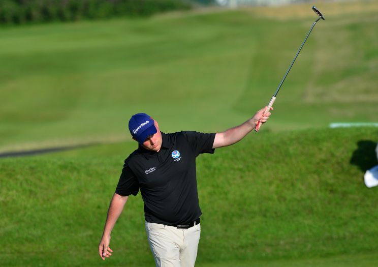 Matt Clark (Scotland) holes the winning putt at the 18th green during the second day of the 2015 Home International Matches at Royal Portrush Golf Club. Picture by Pat Cashman