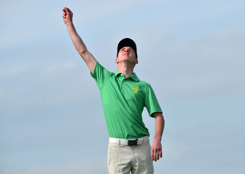 Reach for the sky.......Rowan Lester (Ireland) checking the wind at the 12th hole during the second day of the 2015 Home International Matches. Picture by Pat Cashman