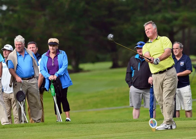 Eddie Power (Kilkenny) watched by Mick Burns (Walker Cup selector) driving at the 17th at Tramore Golf Club (19/05/2015). Picture by Pat Cashman