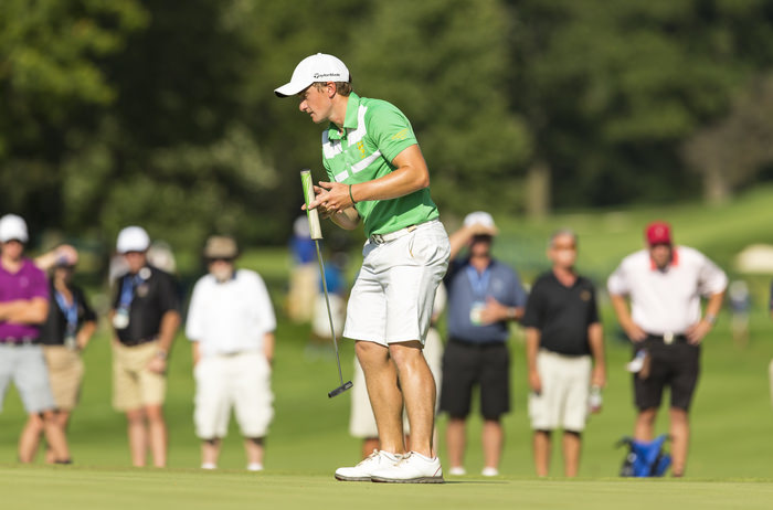 Paul Dunne reacts to his putt on the 16th hole during the quarterfinal round of match play of the 2015 U.S. Amateur at Olympia Fields Country Club in Olympia Fields, Ill. on Friday, Aug. 21, 2015. (Copyright USGA/John Mummert)