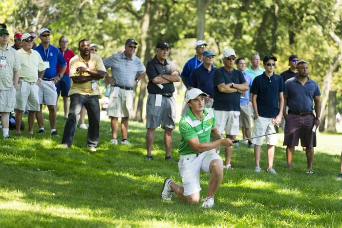 Paul Dunne plays his second shot on the third hole during the quarterfinal round of match play of the 2015 U.S. Amateur at Olympia Fields Country Club in Olympia Fields, Ill. on Friday, Aug. 21, 2015. (Copyright USGA/Chris Keane)