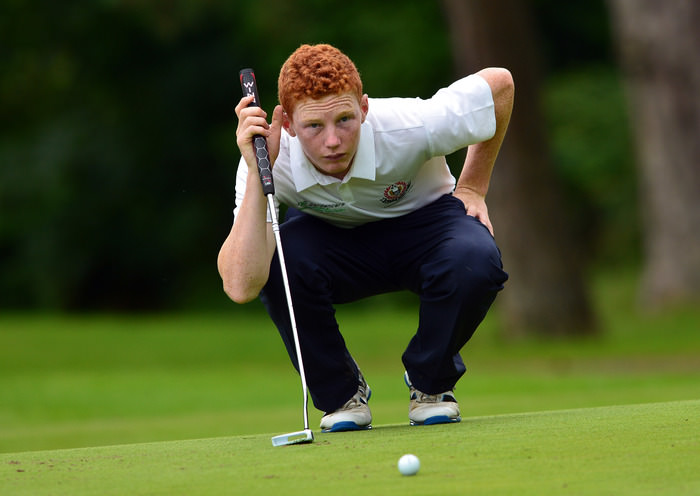 John Murphy (Kinsale) lining up his putt on the 16th green in the Irish Youths Open & Irish Colleges Invitational Championship at Moyola Park Golf Club. Picture by Pat Cashman