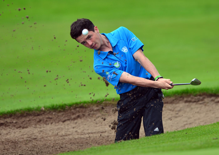 Rory Williamson (Holywood) bunkered at the 16th in the Irish Youths Open & Irish Colleges Invitational Championship. Picture by Pat Cashman