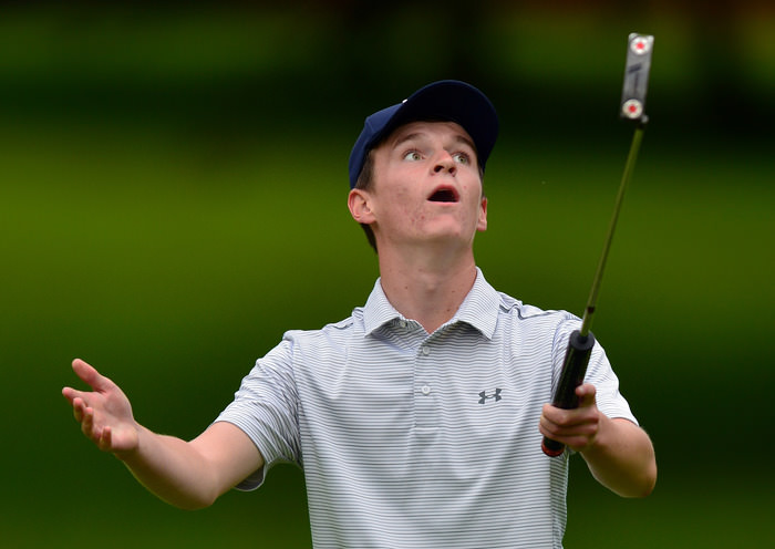 Andrew Mulholland (Castlerock) holes his putt on the 18th green in the Irish Youths Open & Irish Colleges Invitational Championship at Moyola Park Golf Club. Picture by Pat Cashman