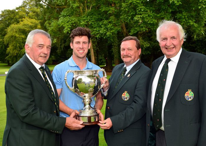 Kevin McIntyre (President Elect, GUI) presenting Alex Gleeson (Castle) with the Irish Youths Open Championship trophy after his victory at Moyola Park Golf Club today (28/05/2015).Also in the picture are Laurence McQuillan (Captain, Moyola Golf Club) and Peter Sinclair (Chairman, Ulster Branch, GUI). Picture by Pat Cashman