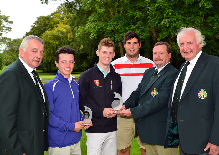 Ulster Prize Winners.......Kevin McIntyre (President Elect, GUI) presenting Ross Dutton (Tandragee), Rory Williamson (Holywood) and Stefan Greenberg (Tandragee) with their prizes at the Irish Youths Open Championship at Moyola Park Golf Club. Also in the picture are Laurence McQuillan (Captain, Moyola Golf Club) and Peter Sinclair (Chairman, Ulster Branch, GUI). Picture by Pat Cashman