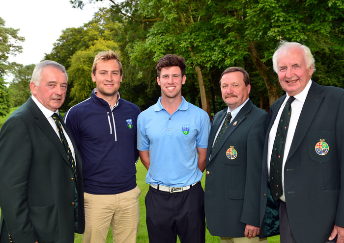 Kevin McIntyre (President Elect, GUI) with Jonathan Yates and Alex Gleeson (UCD) winners of the Inter Colleges Invitational Championship. Also in the picture are Laurence McQuillan (Captain, Moyola Golf Club) and Peter Sinclair (Chairman, Ulster Branch, GUI). Picture by Pat Cashman
