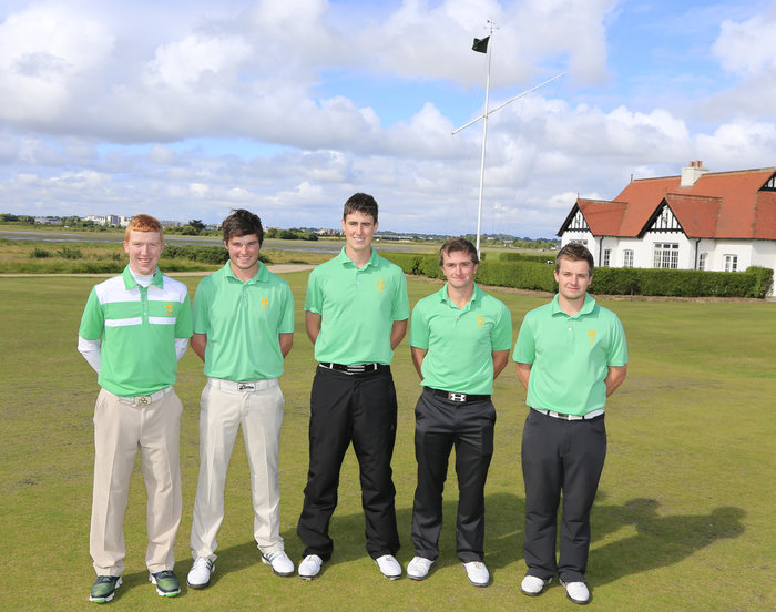 Ireland’s five Walker Cup players were at Portmarnock Golf Club today on Wednesday ahead of the GB&I match with USA at Royal Lytham & St Anne’s next week. From left, Gavin Moynihan (The Island), Cormac Sharvin (Ardglass), Gary Hurley (West Waterford), Paul Dunne (Greystones) and Jack Hume (Naas). Picture: Golffile
