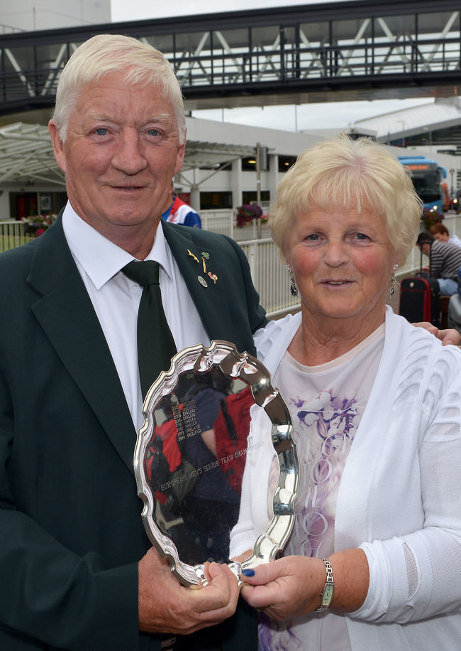 Irish Seniors International Maurice Kelly (Naas) with his wife Ann with the 2015 European Senior trophy. Picture by Pat Cashman