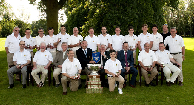 FBD Barton Cup Final 2015, Clontarf v Castle Golf Club. The winning Castle team, back (l to r): Harry Gleeson, Jack Walsh, Eamon Duggan, Tommy Smyth, Michael Wilson, Fred Shackleton, Rob Stanley, Neil Bourke, Eoghan McKeever, Donal McAuliffe, Barry Fitzpatrick, Peter McKeever, Brendan Meaney and Ken McKervey. Centre: Ross Kinsella, Liam Reynolds, Richard Lenehan, Team Manager, Derry Byrne, Captain, John Ferriter, Chairman of Leinster Golf, John Read, FBD, Brian Gleeson and Jim Mulready. Front: Colm Gleeson and Thomas Harte. Photo: Ronan Quinlan