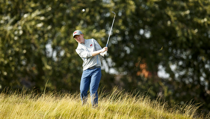 Gavin Moynihan watches his pitch shot on the seventh hole during a practice round ahead of the 2015 Walker Cup at Royal Lytham & St. Annes G.C. in Lytham St Annes, Lancashire on Friday, Sept. 11, 2015. (Copyright USGA/John Mummert)