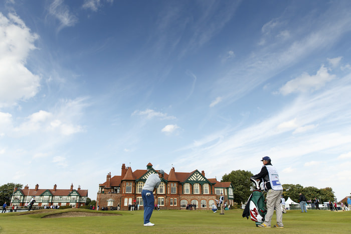 Gavin Moynihan watches his pitch shot on the seventh hole during a practice round ahead of the 2015 Walker Cup at Royal Lytham & St. Annes G.C. in Lytham St Annes, Lancashire on Friday, Sept. 11, 2015. (Copyright USGA/John Mummert)