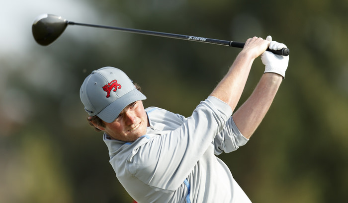 Cormac Sharvin watches his tee shot on the sixth hole during a practice round ahead of the 2015 Walker Cup at Royal Lytham & St. Annes G.C. in Lytham St Annes, Lancashire on Friday, Sept. 11, 2015. (Copyright USGA/Chris Keane)