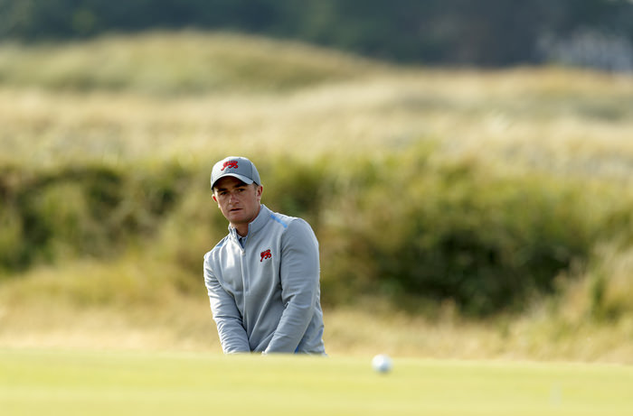 Paul Dunne watches a pitch shot on the fifth hole during a practice round ahead of the 2015 Walker Cup at Royal Lytham & St. Annes G.C. in Lytham St Annes, Lancashire on Friday, Sept. 11, 2015. (Copyright USGA/Chris Keane)