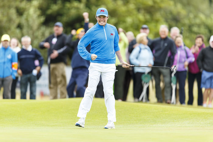 Ardglass' Cormac Sharvin reacts after making his putt on the 14th hole to win the match during the morning foursomes matches of the 2015 Walker Cup at Royal Lytham & St. Annes G.C. in Lytham St Annes, Lancashire on Saturday, Sept. 12, 2015. (Copyright USGA/Chris Keane)
