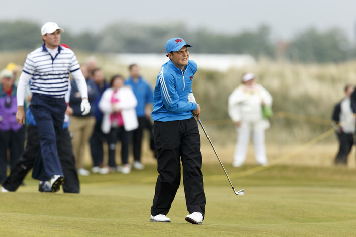Jack mcdonald watches his approach shot on the third hole during the morning foursomes matches of the 2015 Walker Cup at Royal Lytham & St. Annes G.C. in Lytham St Annes, Lancashire on Saturday, Sept. 12, 2015. (Copyright USGA/Chris Keane)