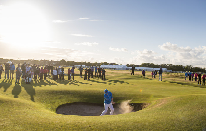 Gavin Moynihan blasts out of a bunker on the 16th hole during an afternoon singles match at the 2015 Walker Cup at Royal Lytham & St. Annes G.C. in Lytham St Annes, Lancashire on Saturday, Sept. 12, 2015. (Copyright USGA/Chris Keane)