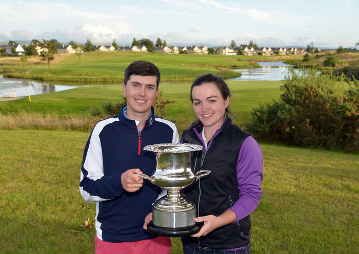 Chloe Ryan (Castletroy) and Andrew McCormack (Newcastle West) with the 2015 East of Ireland Mixed Foursomes Championship trophy after their victory at the KClub today (13/09/2015). Picture by Pat Cashman