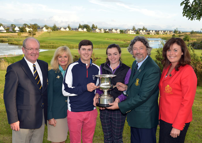 Henry Lee (Leinster Golf, GUI) presenting the 2015 East of Ireland Mixed Foursomes Championship trophy to Chloe Ryan (Castletroy) and Andrew McCormack (Newcastle West) after their victory at The K Club . Also pictured, David Coyle (Captain, The K Club), Liz Carton (ILGU) and Liz Brady (Lady Captain, The K Club). Picture by Pat Cashman
