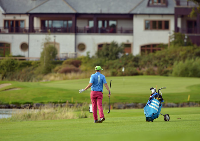 Andrew McCormack (Newcastle West) reacts to putting the ball in the water at the 18th hole during the final round of the 2015 East of Ireland Mixed Foursomes Championship at The K Club (13/09/2015). Picture by Pat Cashman