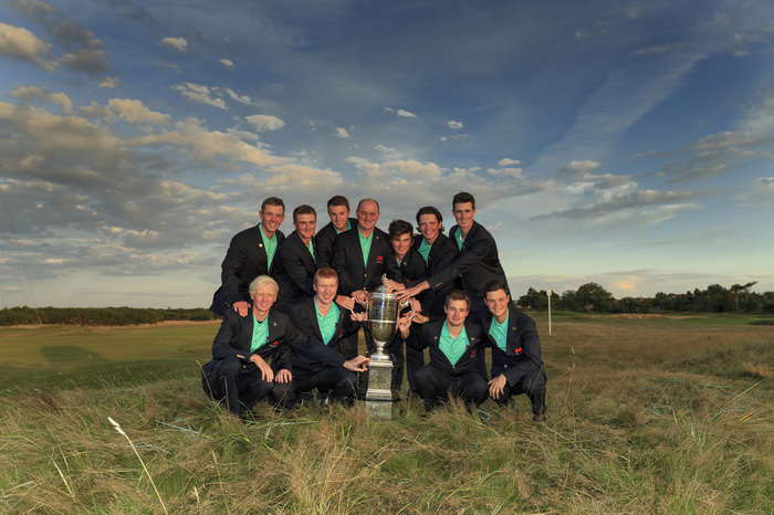 The GB&I players pose with the trophy during an afternoon singles match at the 2015 Walker Cup at Royal Lytham & St. Annes G.C. in Lytham St Annes, Lancashire on Sunday, Sept. 13, 2015. (Copyright USGA/John Mummert)