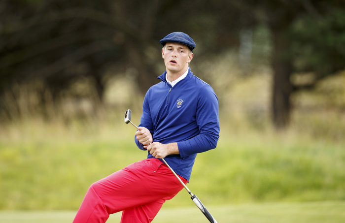 Bryson DeChambeau reacts to his missed birdie putt on the third hole during an afternoon singles match at the 2015 Walker Cup at Royal Lytham & St. Annes G.C. in Lytham St Annes, Lancashire on Sunday, Sept. 13, 2015. (Copyright USGA/John Mummert)