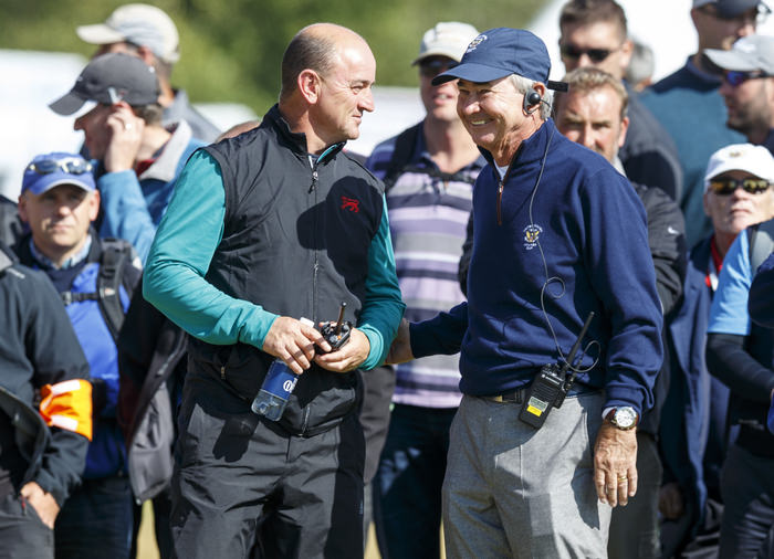 GB&I Captain Nigel Edwards and USA Captain Spider Miller on the 18th hole during a morning foursomes match at the 2015 Walker Cup at Royal Lytham & St. Annes G.C. in Lytham St Annes, Lancashire on Sunday, Sept. 13, 2015. (Copyright USGA/John Mummert)