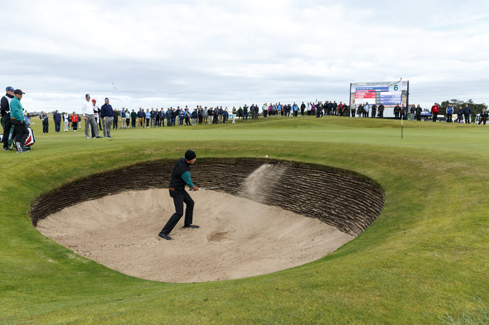 Gary Hurley plays from a greenside bunker on the sixth hole during a morning foursomes match at the 2015 Walker Cup at Royal Lytham & St. Annes G.C. in Lytham St Annes, Lancashire on Sunday, Sept. 13, 2015. (Copyright USGA/John Mummert)