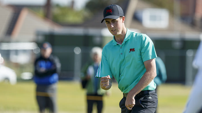 Gary Hurley reacts to sinking his crucial birdie putt on the 16th green during a morning foursomes match at the 2015 Walker Cup at Royal Lytham & St. Annes G.C. in Lytham St Annes, Lancashire on Sunday, Sept. 13, 2015. (Copyright USGA/John Mummert)