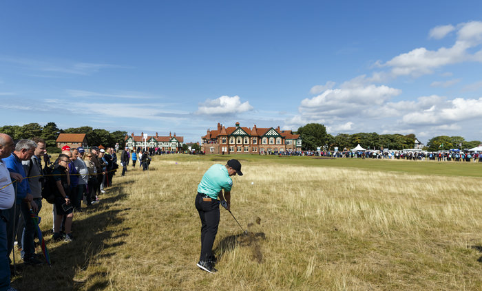 Paul Dunne plays his second shot on the 18th hole during a morning foursomes match at the 2015 Walker Cup at Royal Lytham & St. Annes G.C. in Lytham St Annes, Lancashire on Sunday, Sept. 13, 2015. (Copyright USGA/John Mummert)