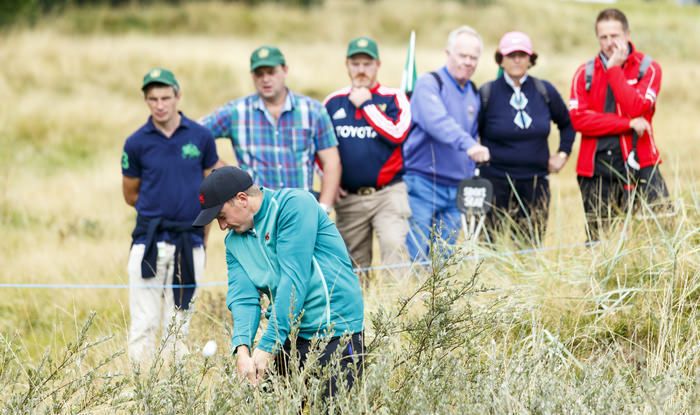 Paul Dunne plays the fourth shot on the seventh hole hole during a morning foursomes match at the 2015 Walker Cup at Royal Lytham & St. Annes G.C. in Lytham St Annes, Lancashire on Sunday, Sept. 13, 2015. (Copyright USGA/John Mummert)