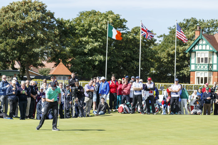 Paul Dunne reacts to his made putt on the 18th hole during a morning foursomes match at the 2015 Walker Cup at Royal Lytham & St. Annes G.C. in Lytham St Annes, Lancashire on Sunday, Sept. 13, 2015. (Copyright USGA/John Mummert)