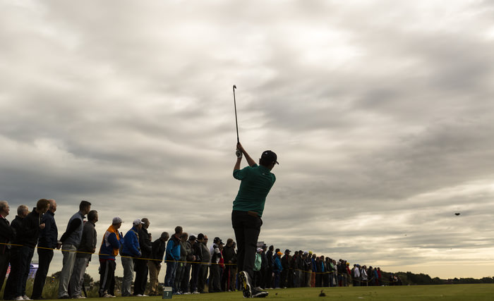 Cormac Sharvin plays his tee shot on the seventh hole during a morning foursomes match at the 2015 Walker Cup at Royal Lytham & St. Annes G.C. in Lytham St Annes, Lancashire on Sunday, Sept. 13, 2015. (Copyright USGA/Chris Keane)