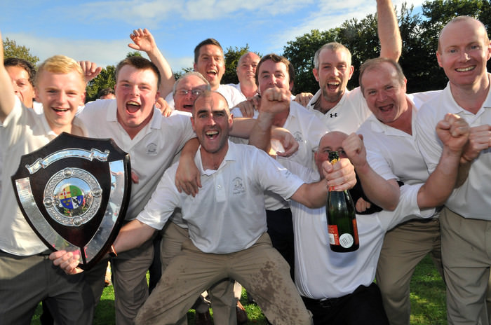 Killorglin Golf Club Captain, Joe Kennedy celebrates victory in the AIG Jimmy Bruen Shield ;last year. Picture by Pat Cashman