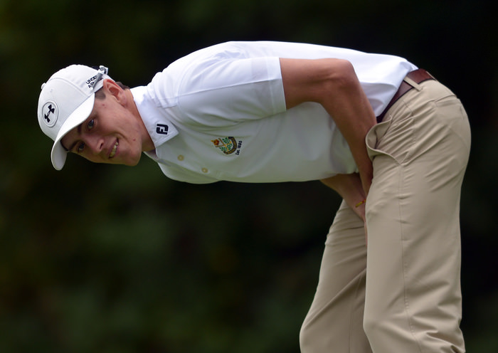 Shaun Carter (Royal Dublin) reacts to a missed putt on the 16th green during the AIG Barton Shield semi final at Carton House. Picture by Pat Cashman