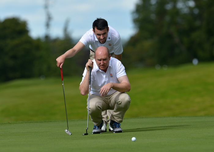 Joe Lyons and Stephen Brady (Galway) lining up their putt on the 12th green during the AIG Barton Shield semi final at Carton House. Picture by Pat Cashman