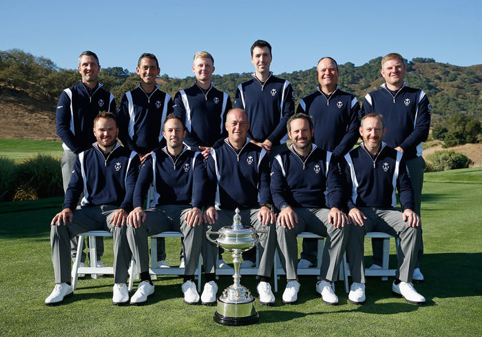 SAN MARTIN, CA - SEPTEMBER 16: Captain Jon Bevan poses with his Great Britain & Ireland team prior to the start of the 27th PGA Cup at CordeValle on September 16, 2015 in San Martin, California. (Photo by Scott Halleran/Getty Images)