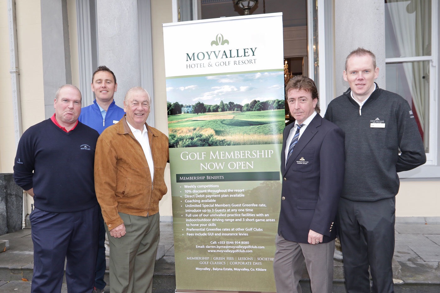 (L-R) Alan Walsh (Course Superintendent), Brendan Mackay (Assistant PGA Professional), Christy O’Connor Jnr, Michael Doherty - (President) and Darren Byrne (PGA Professional) at Moyvalley Hotel & Golf Resort, Co. Kildare. 