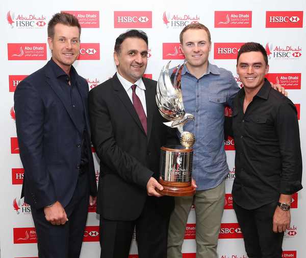 His Excellency Aref Al Awani (ADSC) with Henrik Stenson, Jordan Spieth and Rickie Fowler, who will be joined by Rory McIlroy for a desert showdown in Abu Dhabi in January.