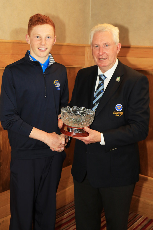Mr John Moloughney, Chairman Munster Branch GUI presenting John Murphy (Kinsale) with the Munster Junior Golfer of the Year Award. 24th Nov 2015, Munster Branch GUI Annual Delegates Meeting. Picture: Niall O'Shea