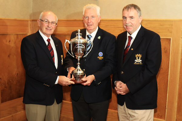 Michael John Roche and JJ Sheehan from East Cork Golf Club presenting John Moloughney, Munster Branch GUI with the Michael Cashman Trophy which will be played for in the Munster Club Fourball competition next season. The trophy was presented in honour of former Munster Branch Chairman and East Cork member. Picture: Niall O'Shea