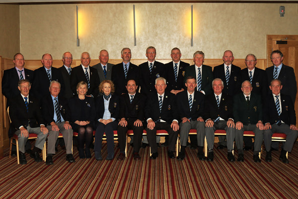 The Officers and Provincial Council of the Munster Branch, Golfing Union of Ireland pictured after the Annual Delegates Meeting. 24th November 2015, Hibernian Hotel Mallow. Back row (L-R): Tom Keane (Ballybunion), Brian Punch (Castletroy), Joe Rouine (Adare Manor), Gordon Adair (Douglas), Dave Prendergast (Cork), Michael Coote (Tralee) Kevin Glynn (Lahinch), Jim Lyne (Glengarriff), John Carroll (Bandon), Pat Dunne (Roscrea), Barry Lynch (Raffeen Creek), Kevin Murray (Tramore) Front row (L-R) Tom Donnelly (Youghal), Michael P Murphy (Newcastle West), Margaret Sugrue (Admin), Karen Walsh (EO), Peter English (Limerick - Hon Treasurer), John K Moloughney (Templemore – Chairman), Jim Long (Monkstown – Hon Secretary), Liam Harkin (Muskerry – Hon Match & Handicap Secretary), Sean O’Leary (Mahon), John Fennessy (Clonmel). Picture: Niall O'Shea