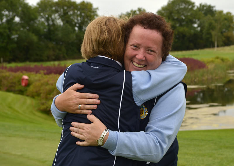 Sinead Heraty and Martha Jones (Castle) celebrate on the 15th green victory in the Senior Foursomes Final at the 2015 AIG Ladies Cups and Shields Finals at Knightsbrook Golf Club. (25/09/2015) Picture by Pat Cashman
